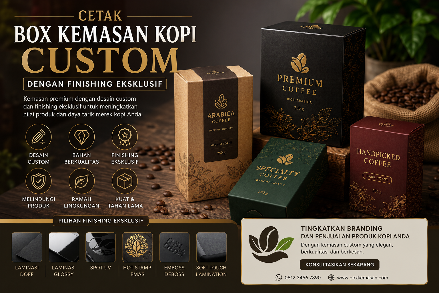 Cetak Box Kemasan Kopi Custom dengan Finishing Eksklusif